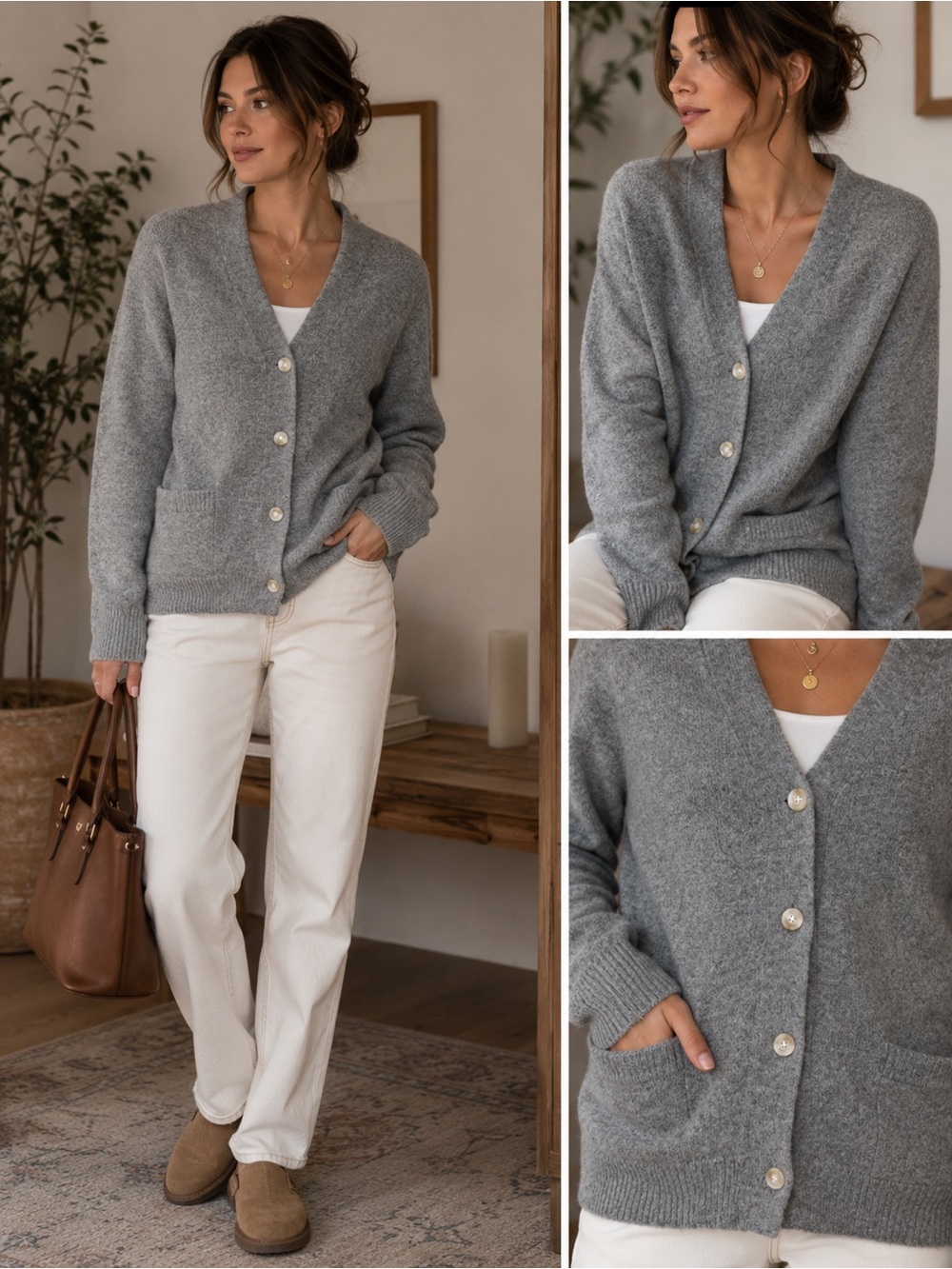 & Other Stories Grey V-Neck Pearl Button Cardigan